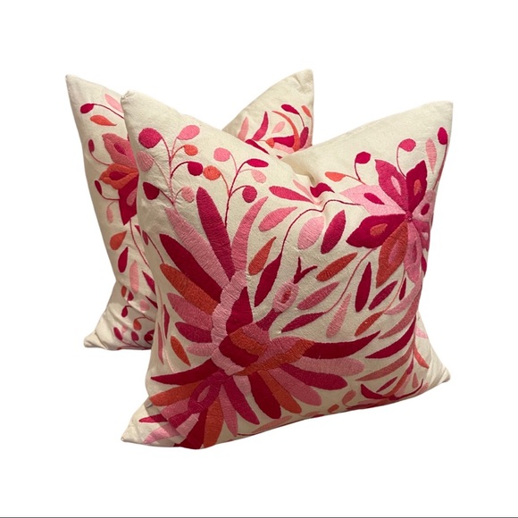 18x18 Hand Embroidered Otomi Pillows Magenta Hot Pink - Picture 1 of 3